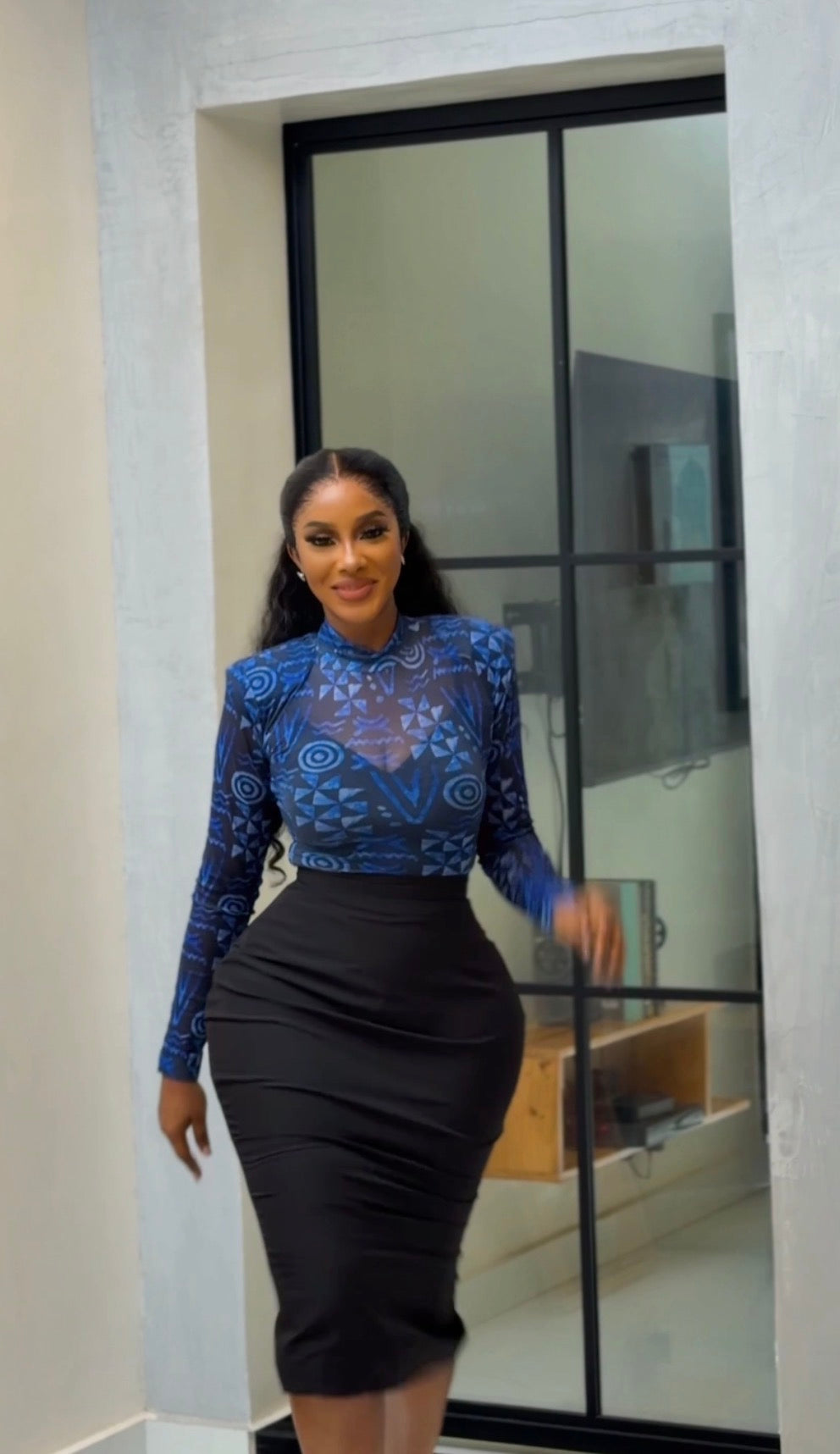 Blue Batik mesh top and black skirt