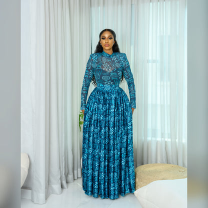 Green Batik mesh top and a silk pleated long skirt