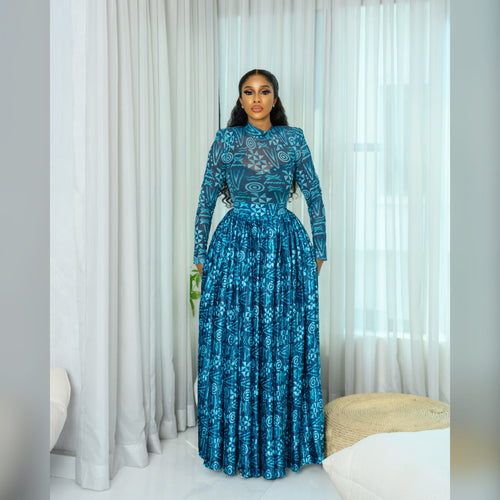 Green Batik mesh top and a silk pleated long skirt