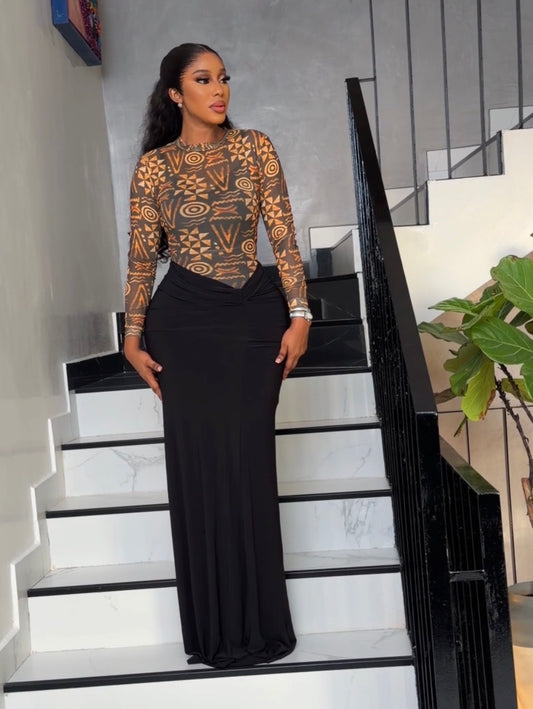 Yellow Batik short mesh gown paired with a black long strechy skirt