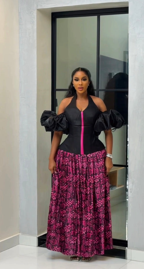 Black corset top and pink batik silk pleated long skirt