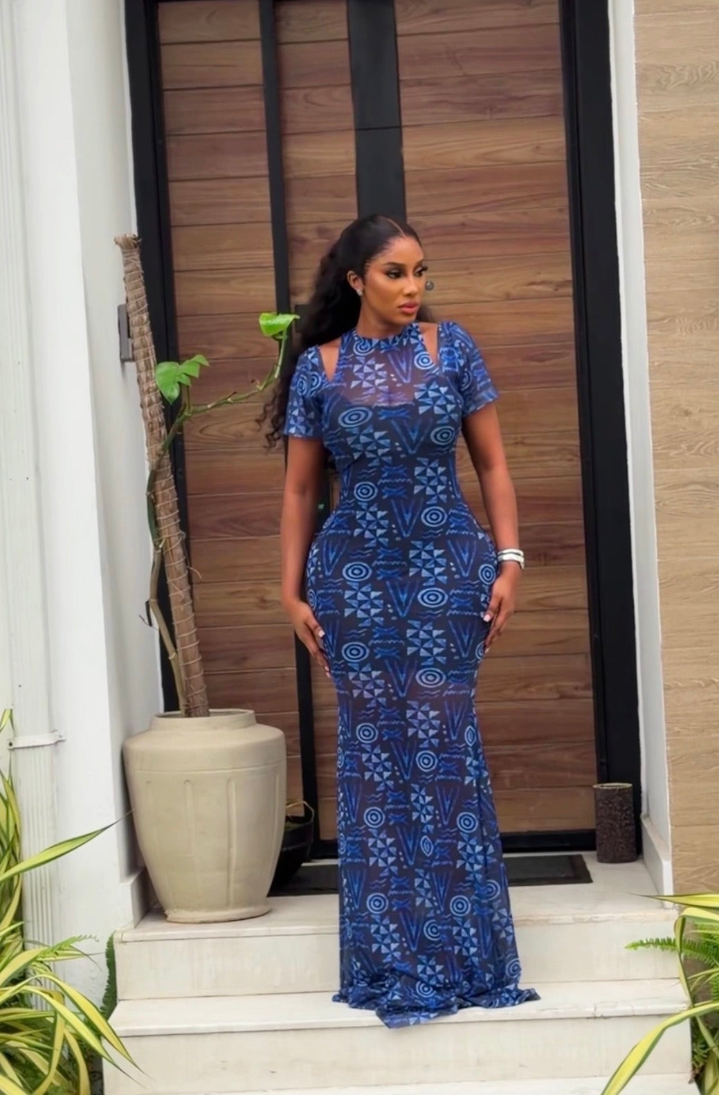 Blue Batik mesh gown (full length and short sleeve)