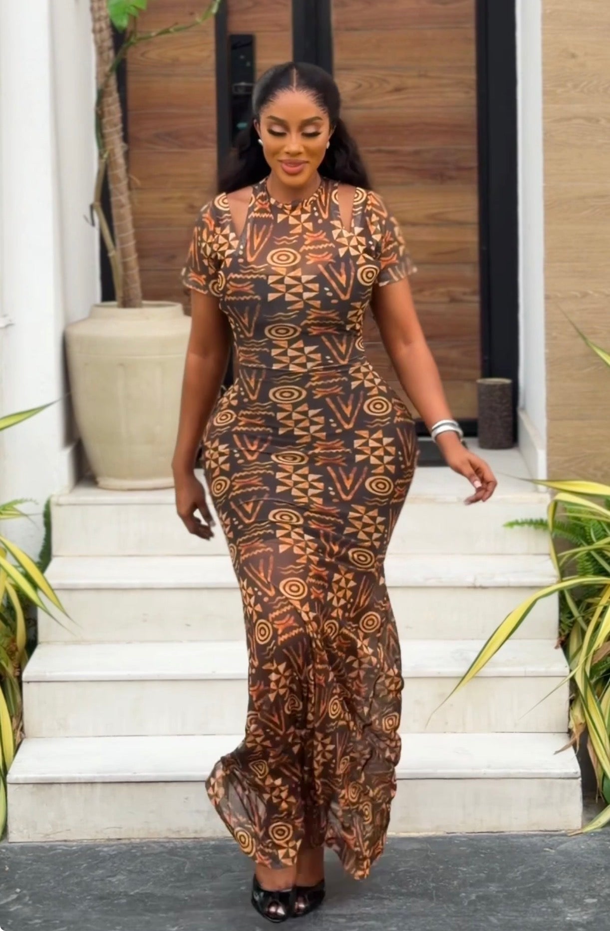 Yellow Batik mesh gown (full length and short sleeve)
