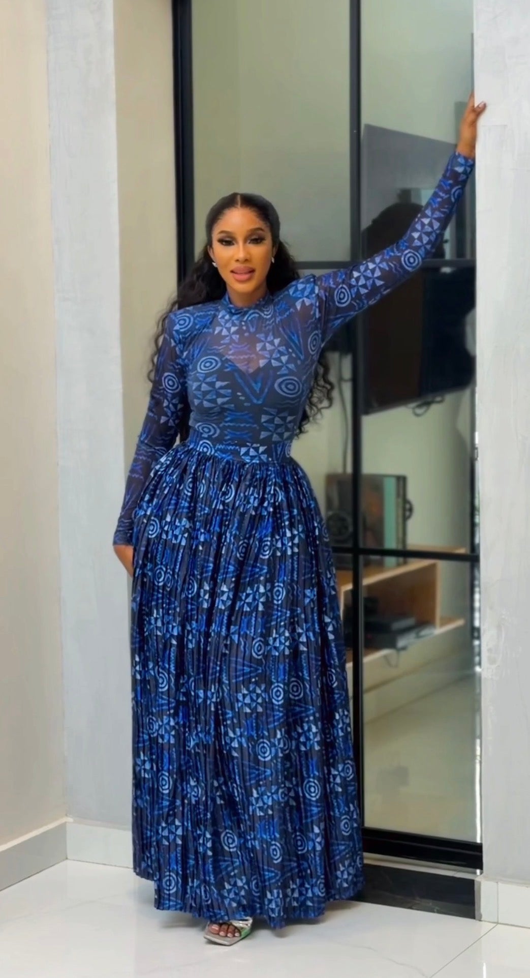 Blue Batik mesh top and pleated skirt