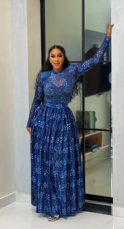 Blue Batik mesh top and pleated skirt