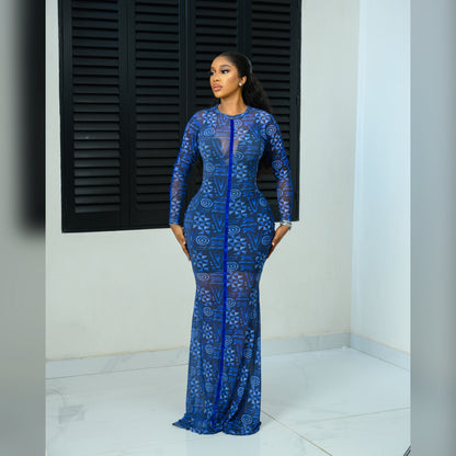 Blue Batik mesh gown (full length and long sleeve)
