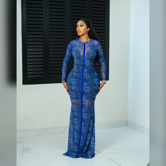 Blue Batik mesh gown (full length and long sleeve)