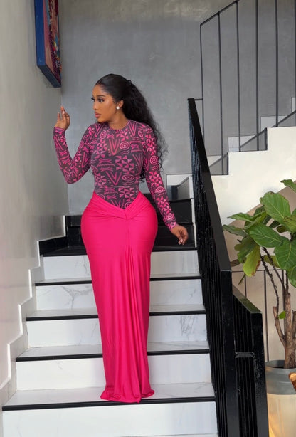 Pink Batik short mesh gown paired with a pink long strechy skirt