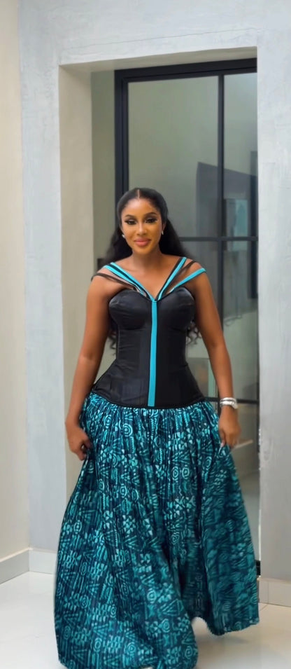Black corset top and green batik silk pleated long skirt