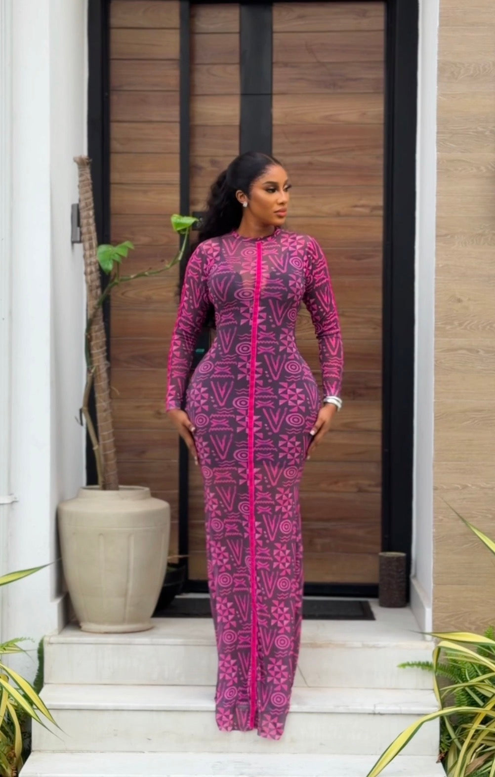 Pink Batik mesh gown (full length and long sleeve)