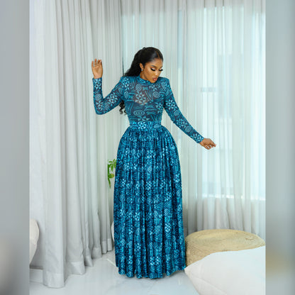 Green Batik mesh top and a silk pleated long skirt