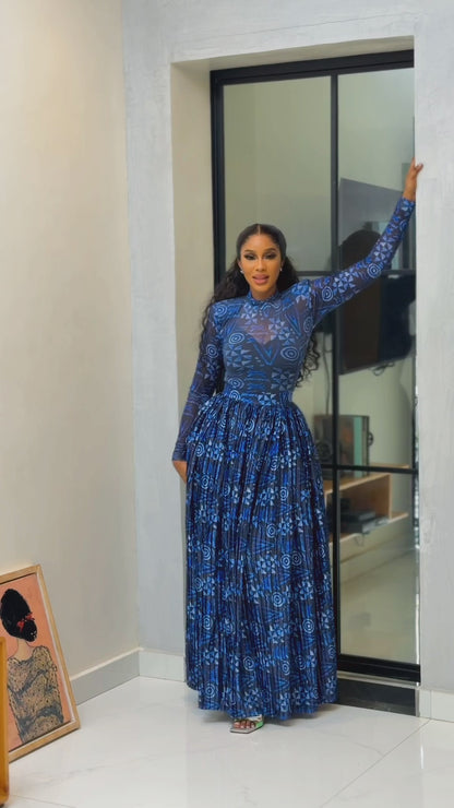 Blue Batik mesh top and pleated skirt