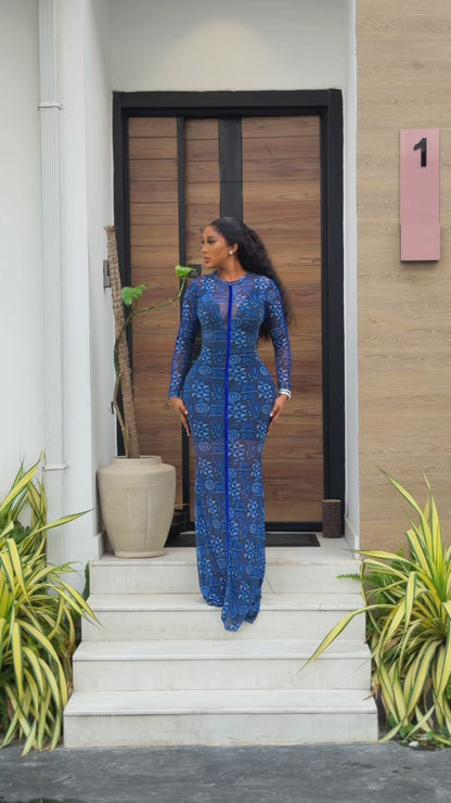 Blue Batik mesh gown (full length and long sleeve)