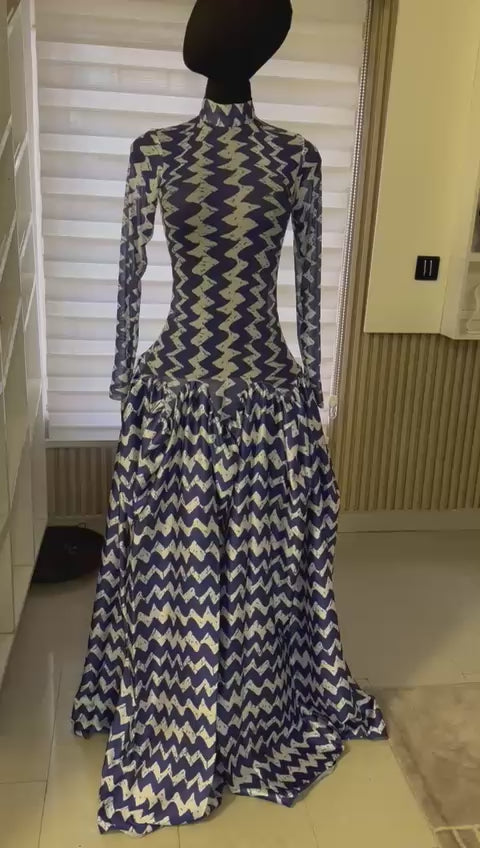 Lily mesh dress (in white and blue zigzag)